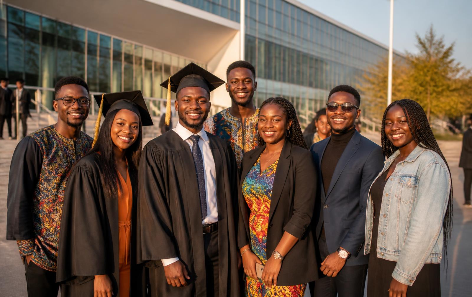 International students celebrating their graduation on campus